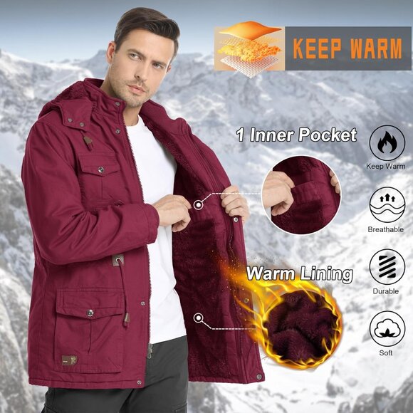 Mens Wine Red Thick Winter Jacket Hooded Fleece Lined Cotton Military Coat - Picture 2 of 6
